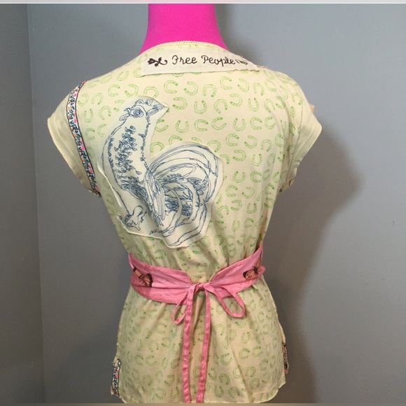 📍SOLD📍RARE FREE PEOPLE APPLIQUÉ W/PINK OBI BELT CAP SLEEVE COTTON TOP-M - Picture 8 of 10